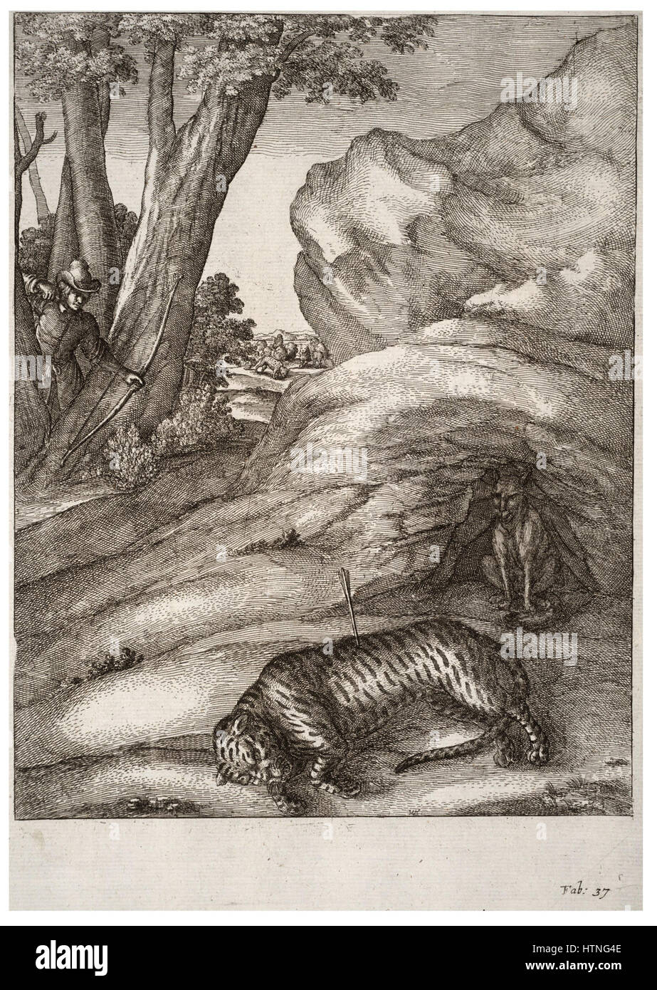 « Le Tigre et le Renard » de Venceslas Hollar (État 2) est une gravure détaillée qui explore le monde naturel à travers le symbolisme animal. La pièce présente le tigre et le renard dans des poses dynamiques, soulignant leurs natures contrastées. Banque D'Images