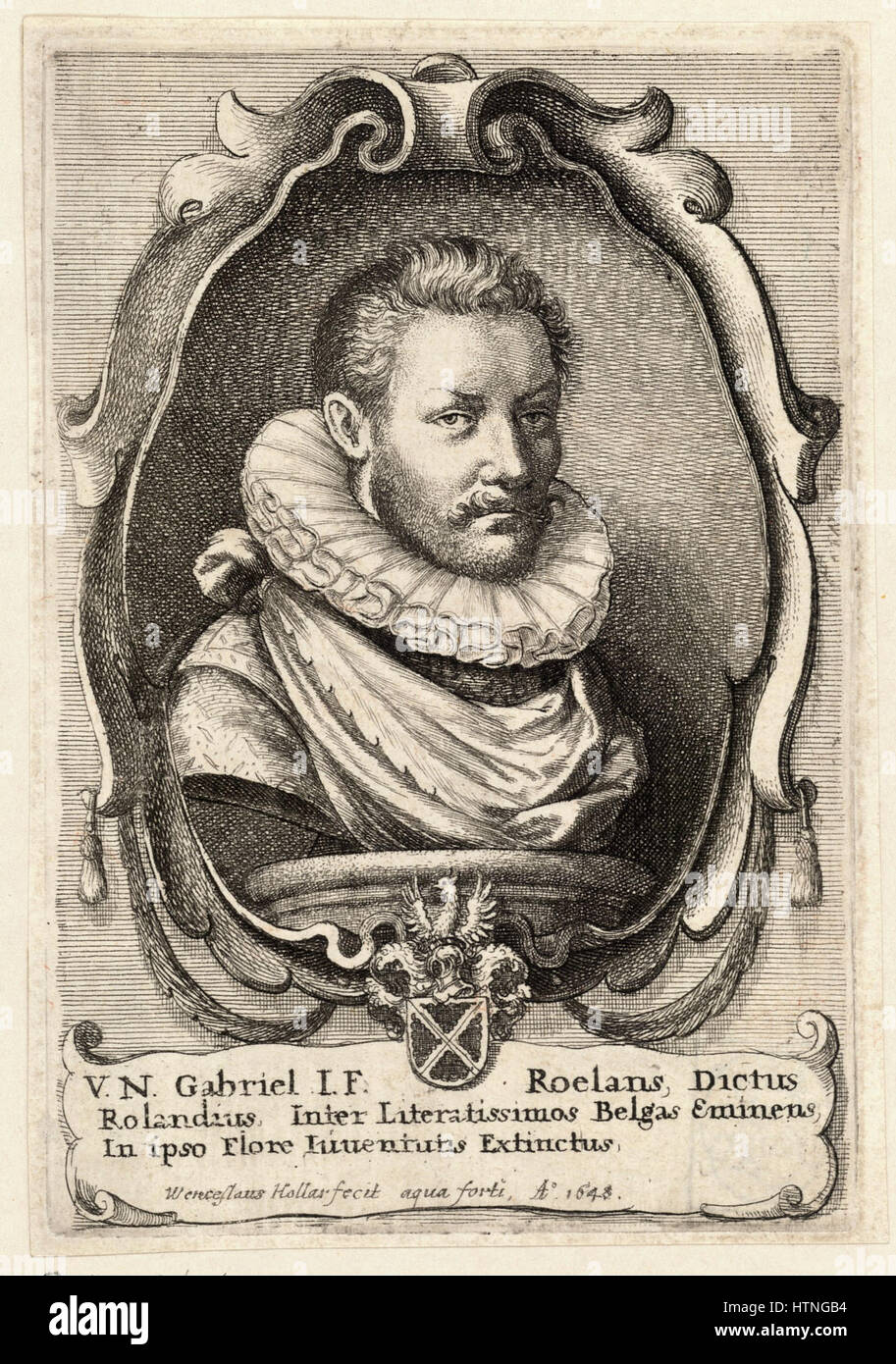 La gravure de Gabriel Roelants par Venceslas Hollar (État 2) est un portrait détaillé de l’artiste flamand Gabriel Roelants. La pièce met en valeur la précision de Hollar en capturant la ressemblance et le caractère de ses sujets. Banque D'Images