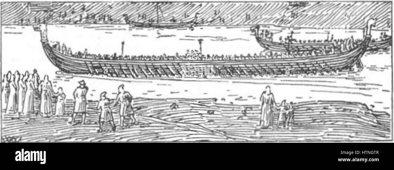 Cette représentation historique de W. Wetlesen illustre la saga de Harald Hardrada, un éminent roi viking, mettant en valeur les moments clés de sa vie légendaire. L'œuvre se concentre sur ses batailles et son rôle important dans l'histoire viking. Banque D'Images