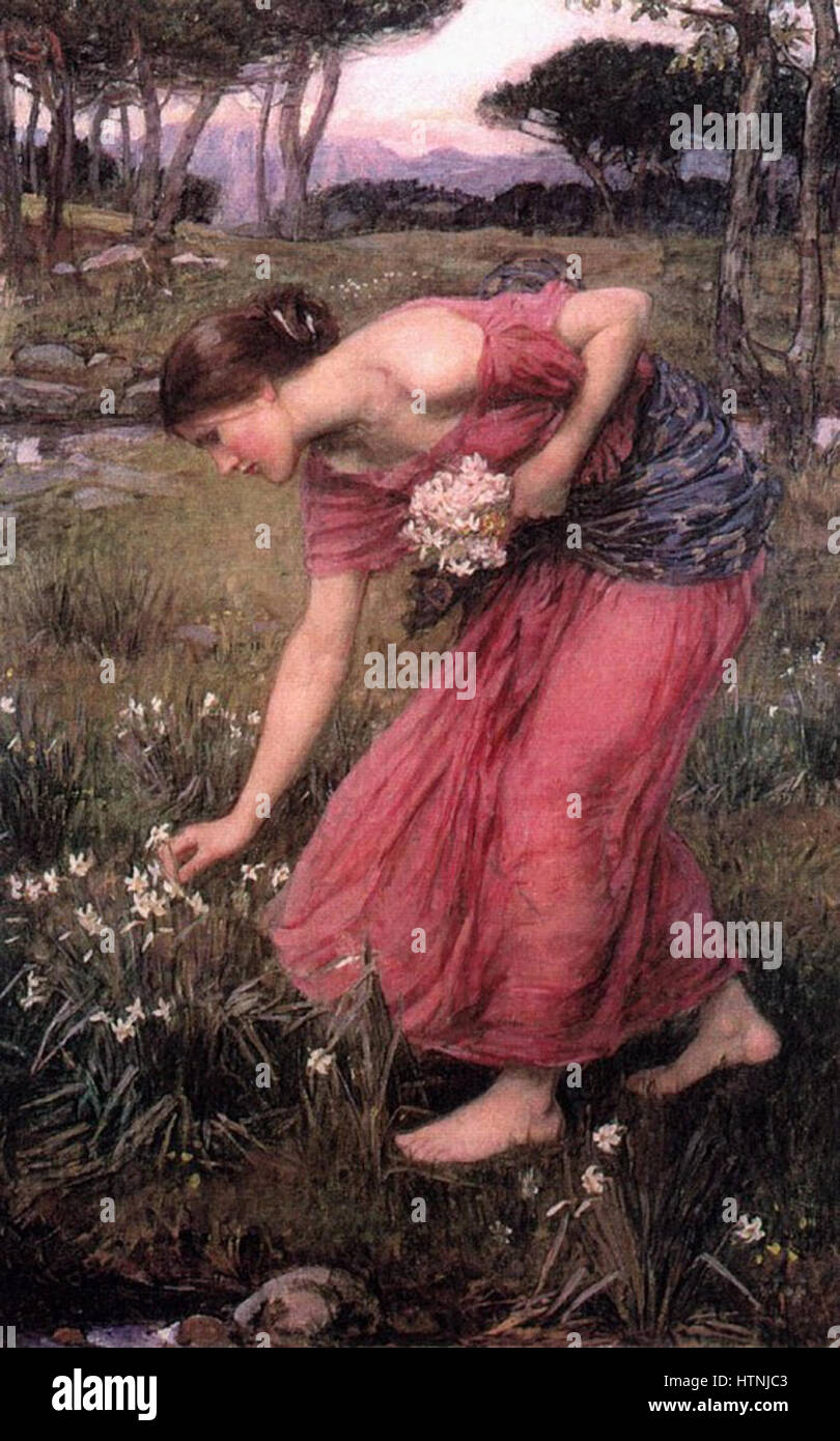 La peinture de John William Waterhouse 'Narcisse' (1912) reflète l'histoire mythologique de Narcisse, qui tombe amoureux de son propre reflet. L’utilisation par Waterhouse de thèmes classiques et de couleurs vives donne vie au mythe. Banque D'Images La peinture de John William Waterhouse 'Narcisse' (1912) reflète l'histoire mythologique de Narcisse, qui tombe amoureux de son propre reflet. L’utilisation par Waterhouse de thèmes classiques et de couleurs vives donne vie au mythe. Banque D'Images