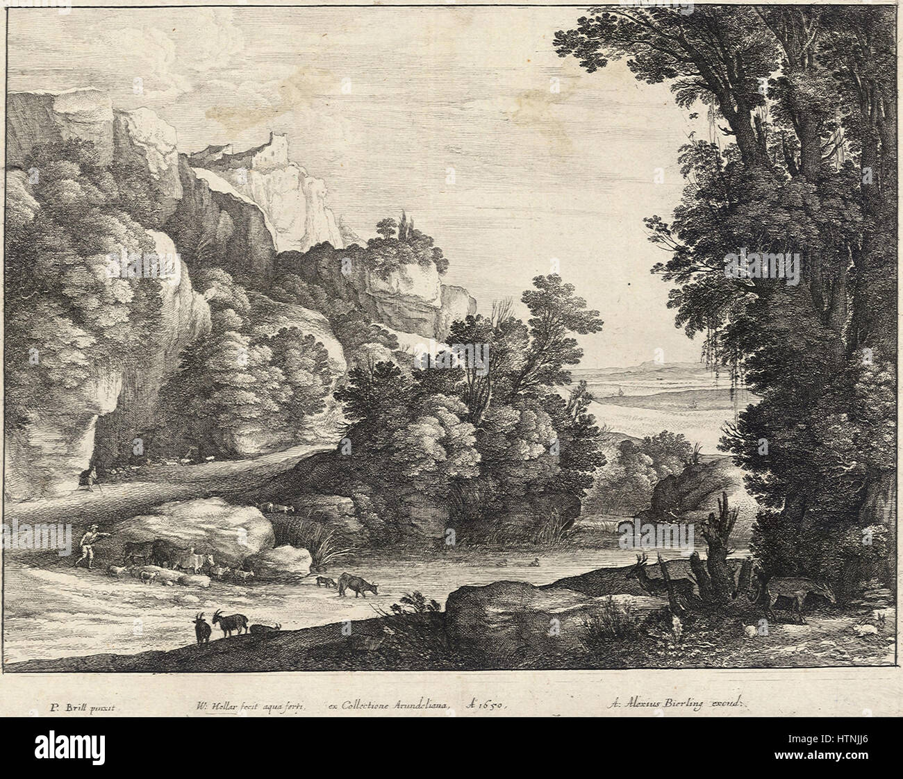 La « consommation de bétail » de Wenceslas Hollar capture une scène rurale sereine, représentant du bétail à une source d'eau. La gravure détaillée met en évidence les compétences de Hollar dans le rendu des environnements naturels. Banque D'Images