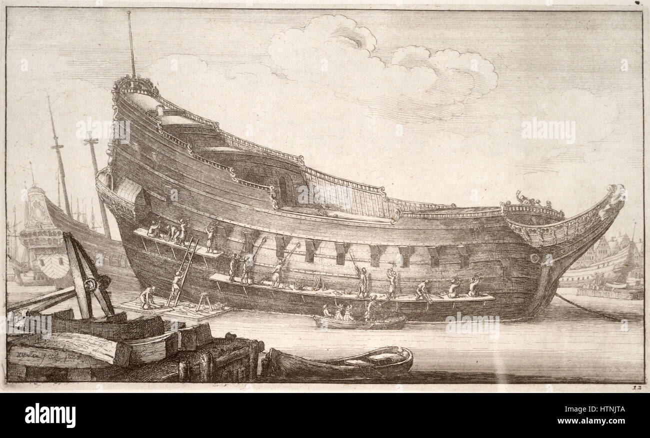 'Fitting Out a Hull (State 3)' de Wenceslas Hollar est une gravure représentant une scène de construction navale. La pièce capture les compétences techniques et les détails complexes de l'artisanat naval du XVIIe siècle. Banque D'Images
