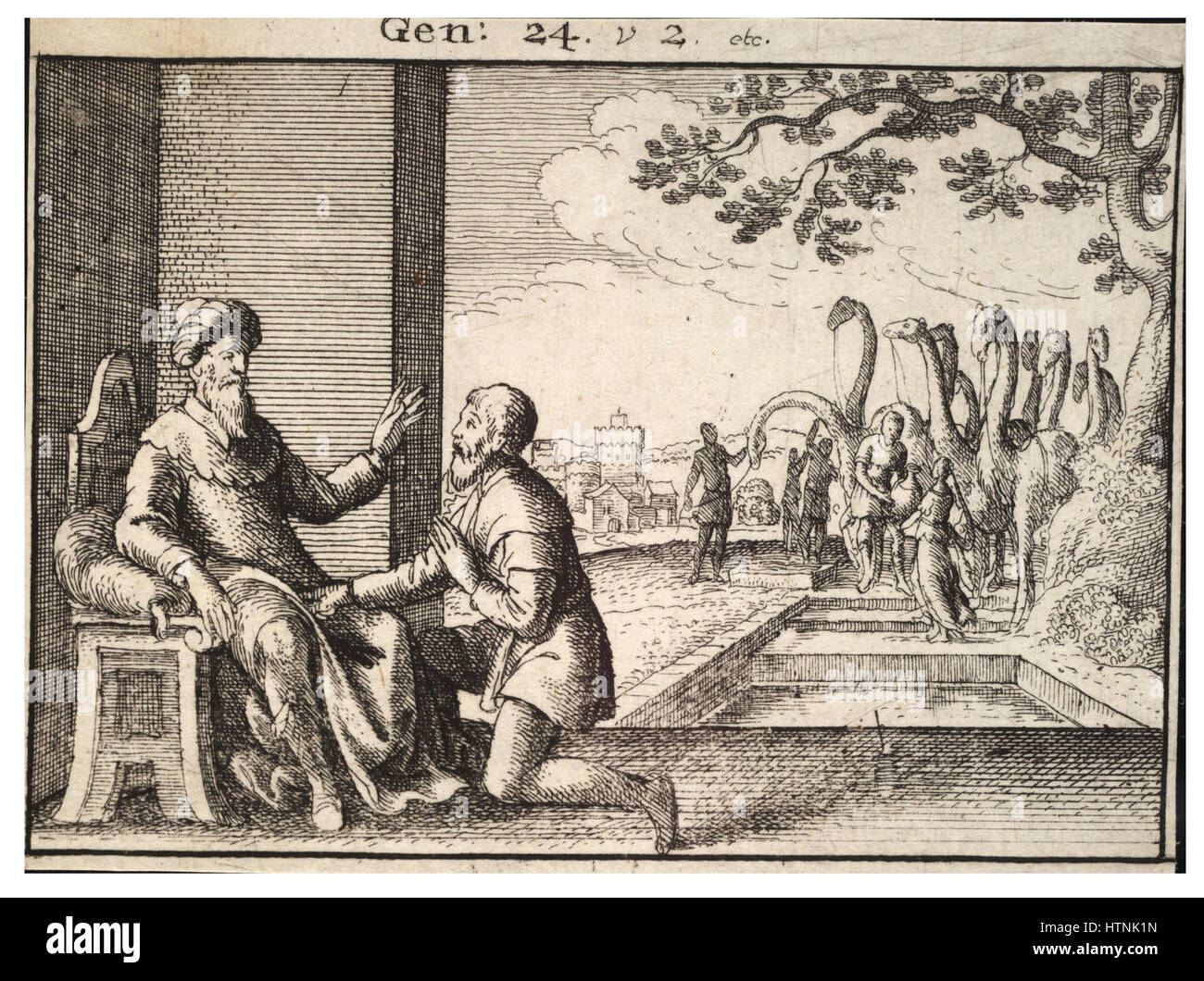 La gravure de Venceslas Hollar, le serviteur d'Abraham au puits de Nahor, dépeint la scène biblique où le serviteur d'Abraham rencontre Rebecca au puits. L'œuvre illustre l'habileté de Hollar en gravure détaillée et sa capacité à capturer des scènes historiques. Banque D'Images