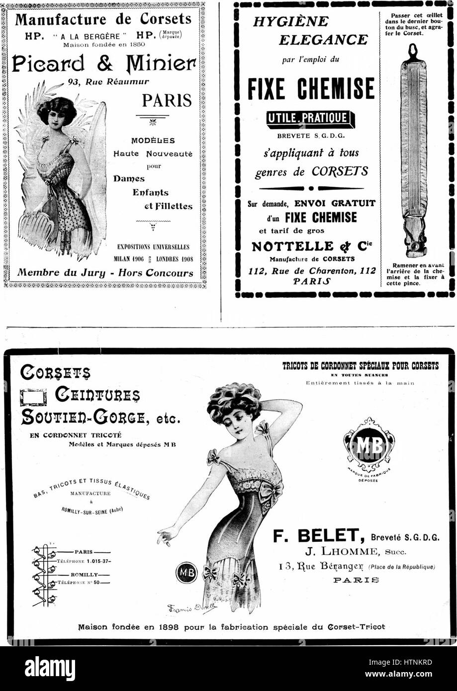 'Les dessous élégants' de mars 1910 présente un portrait à la mode de vêtements féminins, en se concentrant sur des sous-vêtements élégants. L'illustration capture les tendances de la mode du début du XXe siècle, mettant l'accent sur le luxe et la féminité dans le design. Banque D'Images