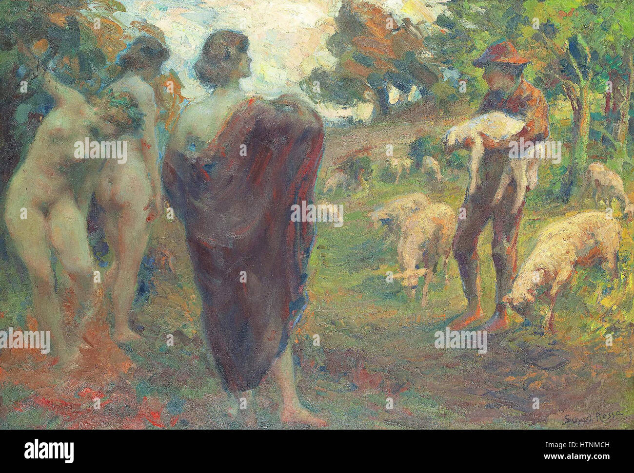 *Die Drei Grazien* de Paul Schad-Rossa présente un portrait élégant des trois grâces, figures de la mythologie grecque. La peinture capture la beauté et l'harmonie associées à ces sœurs mythologiques, mettant l'accent sur la fluidité et la grâce dans leurs formes physiques et la composition globale. Banque D'Images