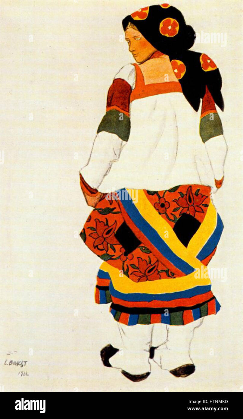 'Russian Peasant Woman' de Léon Bakst est un portrait frappant d'un paysan russe traditionnel, caractérisé par sa pose humble mais digne. La peinture souligne la maîtrise de Bakst dans la capture de thèmes culturels et sociaux. Banque D'Images