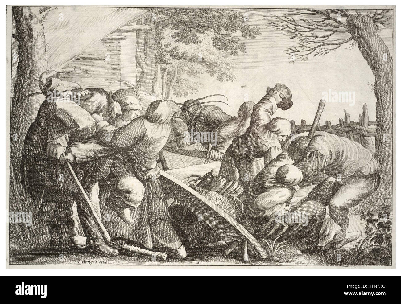 L'eau-forte de Wenceslas Hollar, Peasants Fighting, After Breugel, dépeint une scène chaotique de paysans en conflit, inspirée par l'œuvre de Pieter Bruegel. La pièce met en valeur le style de gravure détaillé de Hollar, capturant le mouvement et l'intensité émotionnelle des personnages dans un cadre rural. Banque D'Images