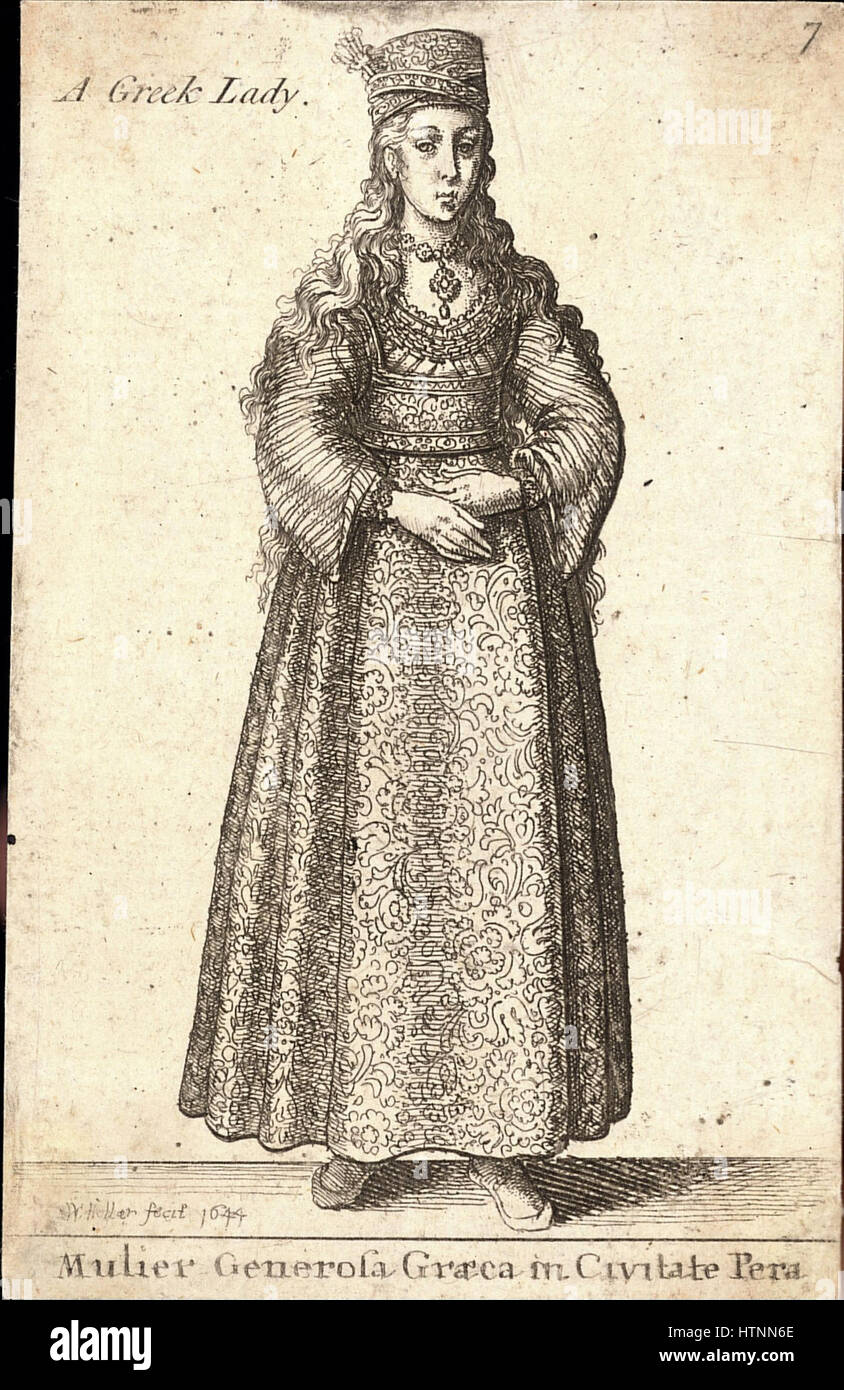 Mulier Generosa Graeca in Civitate Pera de Venceslas Hollar est une gravure détaillée représentant une noble grecque dans la ville de Pera. L’œuvre reflète la compétence de Hollar à capturer la mode et la classe sociale de l’époque, soulignant l’apparence digne de la femme. Banque D'Images