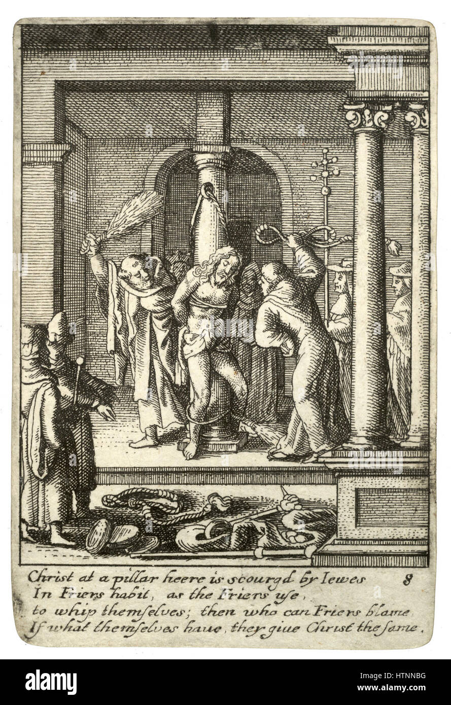 « The Scourging » de Venceslas Hollar est une gravure détaillée représentant la scène biblique du fléau du Christ. La technique méticuleuse de Hollar capture l’intensité et la solennité de ce moment à partir du récit passion. Banque D'Images