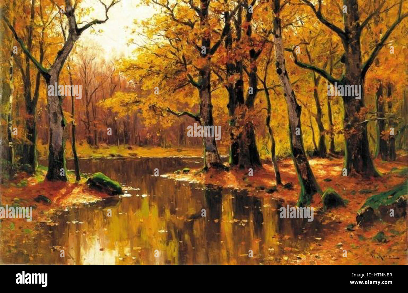 « Herbstwald » (forêt d’automne) de Walter Moras représente un paysage d’automne tranquille, capturant les riches couleurs et textures de la forêt au fur et à mesure des changements de saison. La peinture transmet une atmosphère sereine mais dynamique avec son feuillage détaillé et son éclairage doux. Banque D'Images