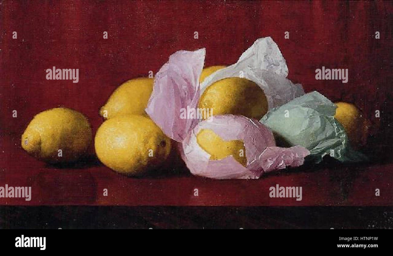 Les citrons enveloppés de William J. McCloskey (huile sur toile) présentent une nature morte de citrons enveloppés, capturant la lumière et la texture, caractéristique de l'accent mis par McCloskey sur des scènes réalistes et intimes dans la peinture de natures mortes. Banque D'Images