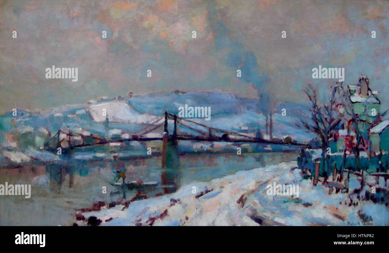 Robert Antoine Pinchon, le pont d'Elbeuf sous la neige, huile sur toile, 54 x 92 cm Banque D'Images