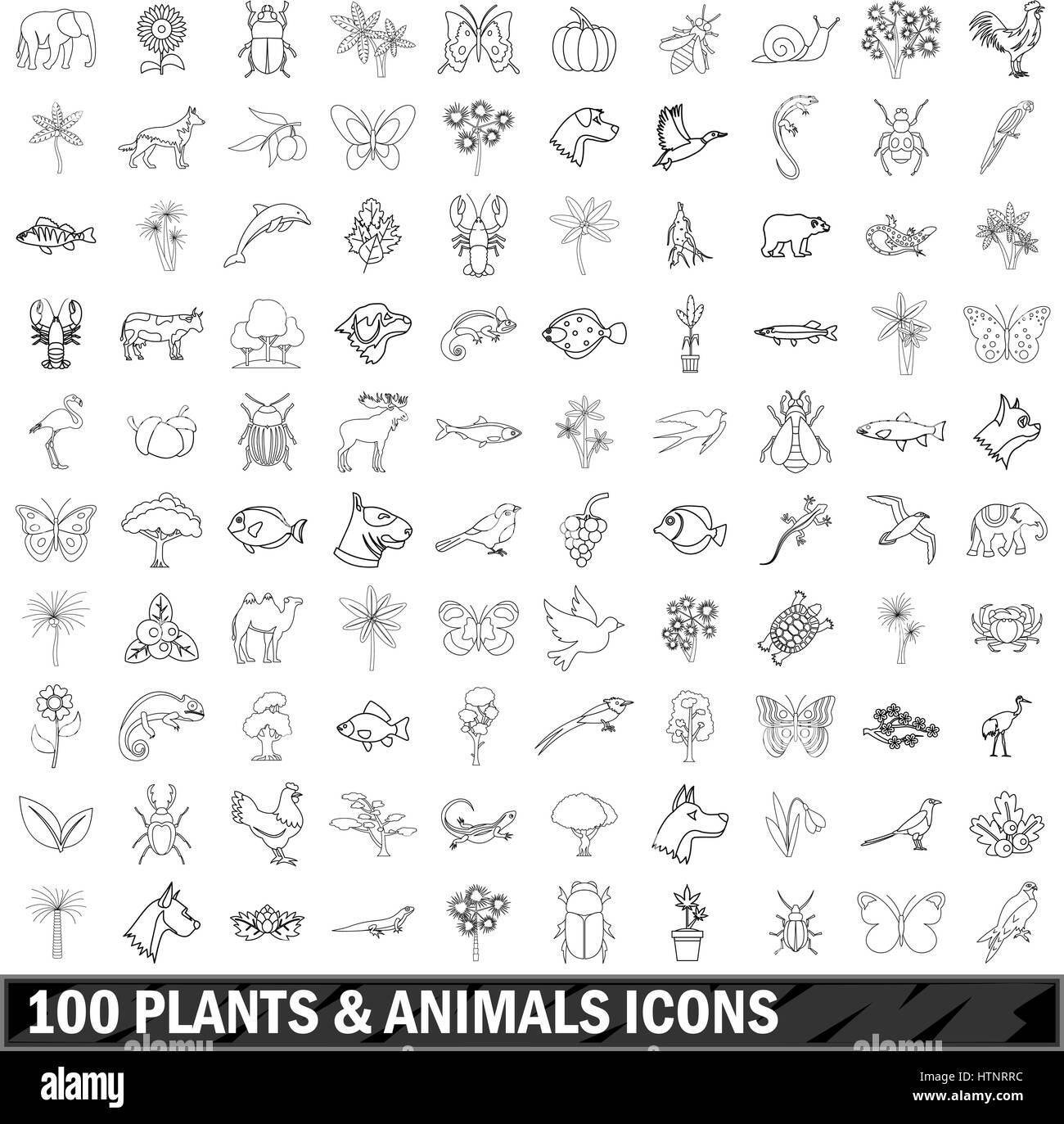 100 plantes et animaux icons set style du contour, Illustration de Vecteur
