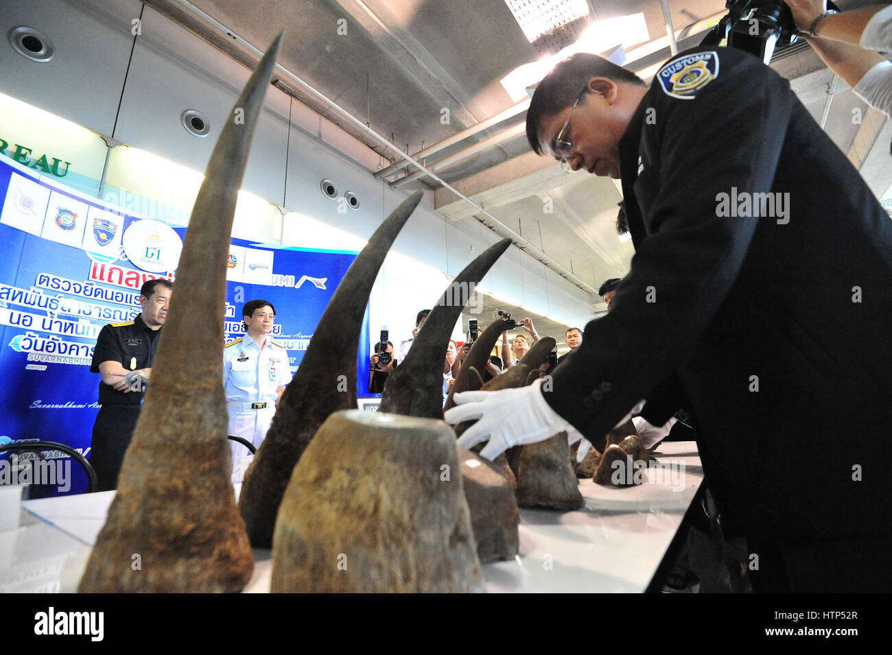 Bangkok, Thaïlande. 14Th Mar, 2017. Un fonctionnaire des douanes ont saisi montre les cornes de rhinocéros à la presse à l'aéroport de Suvarnabhumi à Bangkok, Thaïlande, 14 mars 2017. L'administration des douanes thaïlandaises ont récemment saisi 21 morceaux de cornes de rhinocéros en contrebande à partir de l'Éthiopie. Credit : Rachen Sageamsak/Xinhua/Alamy Live News Banque D'Images