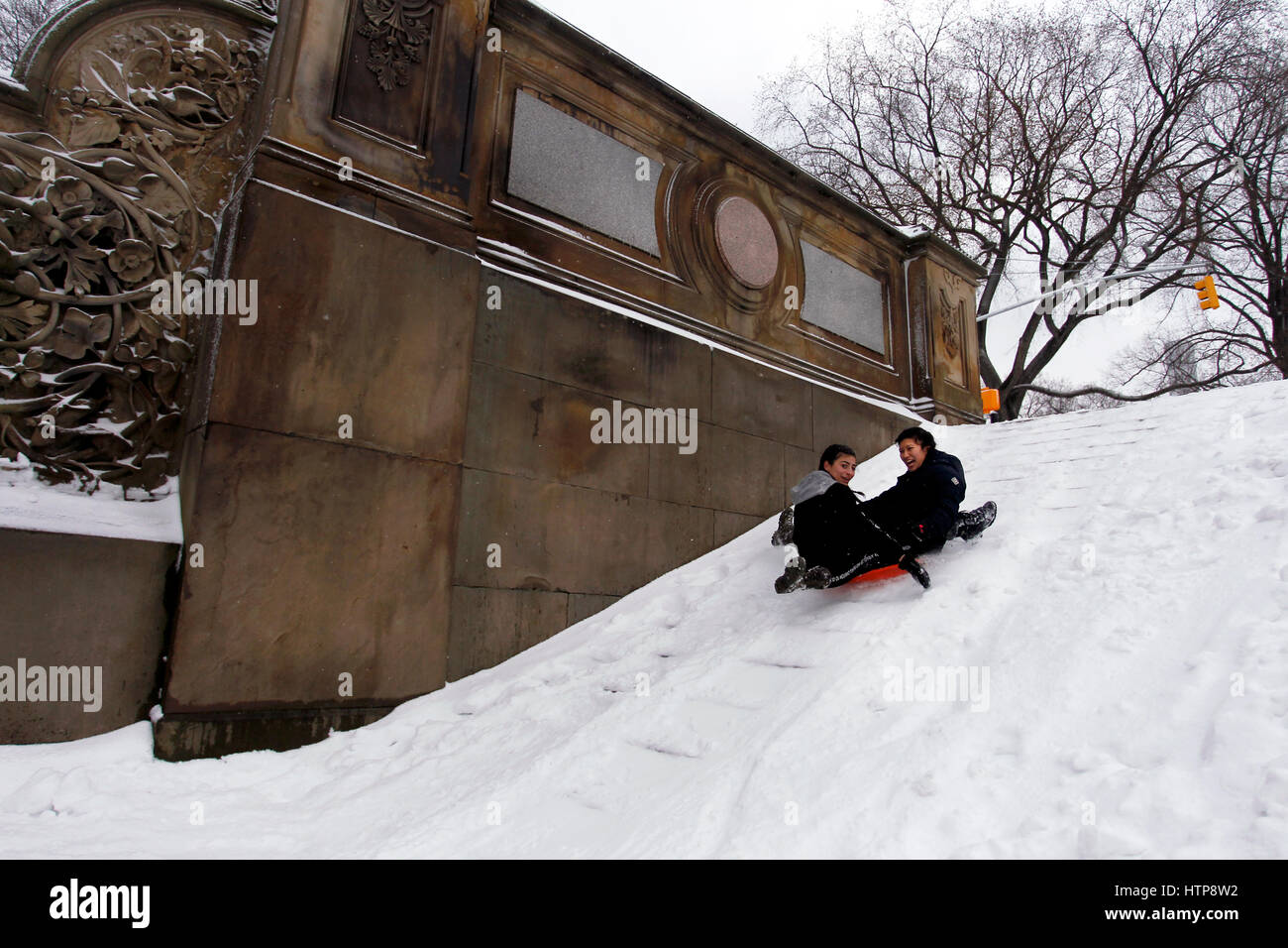 New York, États-Unis. 14Th Mar, 2017. Les jeunes chiens dans l'escalier près de la fontaine Bethesda de Central Park à New York pendant une tempête le 14 mars 2017, qui a été prédit à apporter jusqu'à deux pieds de neige à la ville mais seulement a 7 pouces. Les écoles fermées et la ville était relativement calme que beaucoup sont restés à la maison, mais certains se sont aventurés hors de s'amuser dans le parc. Crédit : Adam Stoltman/Alamy Live News Banque D'Images