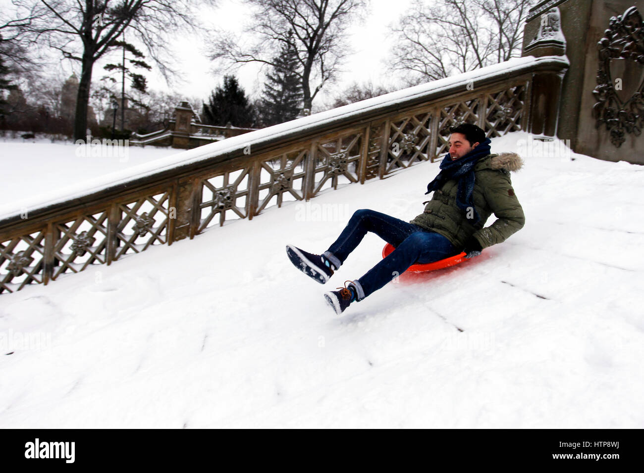 New York, États-Unis. 14Th Mar, 2017. Les jeunes chiens dans l'escalier près de la fontaine Bethesda de Central Park à New York pendant une tempête le 14 mars 2017, qui a été prédit à apporter jusqu'à deux pieds de neige à la ville mais seulement a 7 pouces. Les écoles fermées et la ville était relativement calme que beaucoup sont restés à la maison, mais certains se sont aventurés hors de s'amuser dans le parc. Crédit : Adam Stoltman/Alamy Live News Banque D'Images