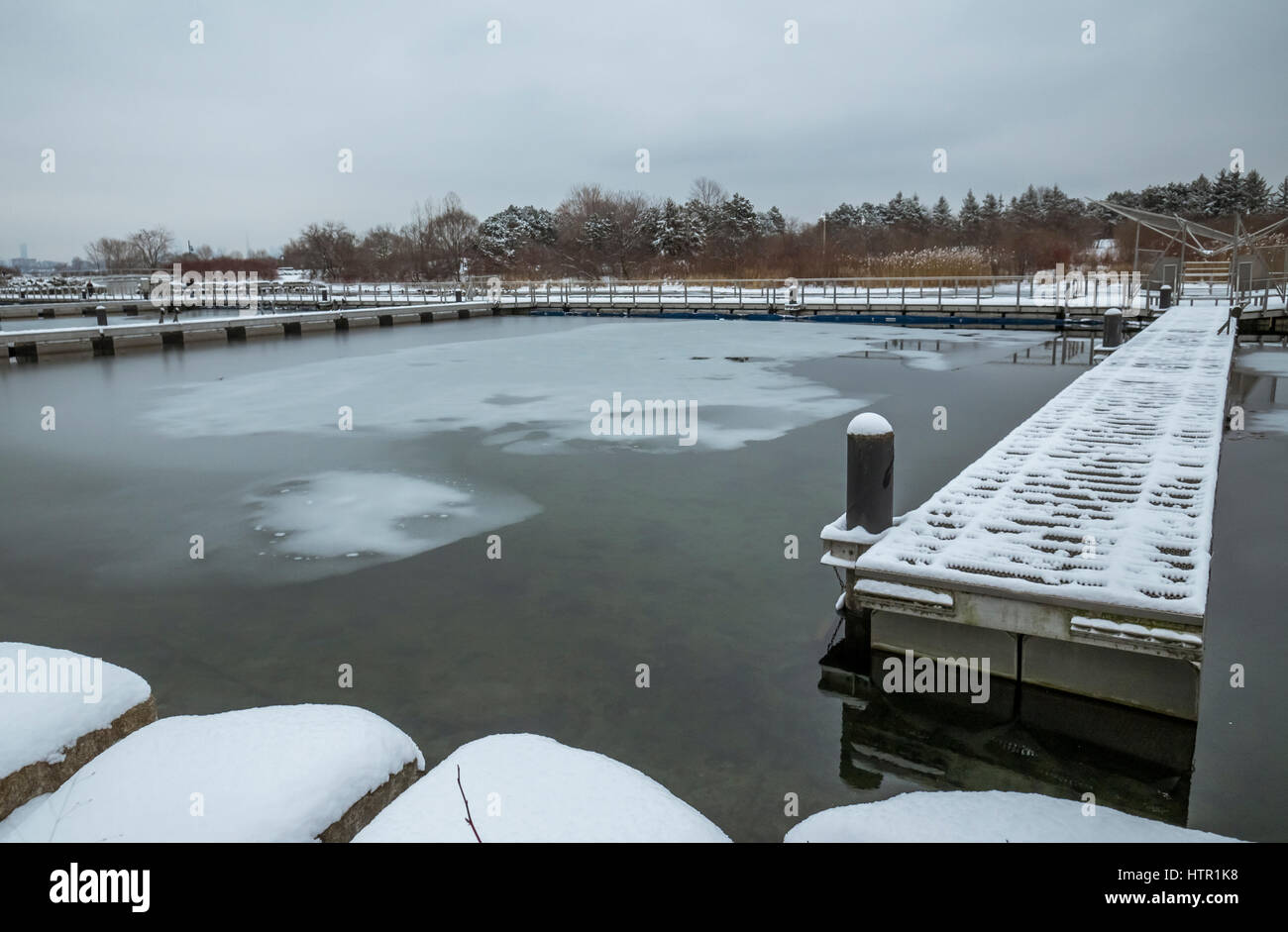 Lac gelé l'Ontario avec un pont pour piétons à Toronto (Ontario) Canada à des températures inférieures à zéro sur un jour de neige Banque D'Images