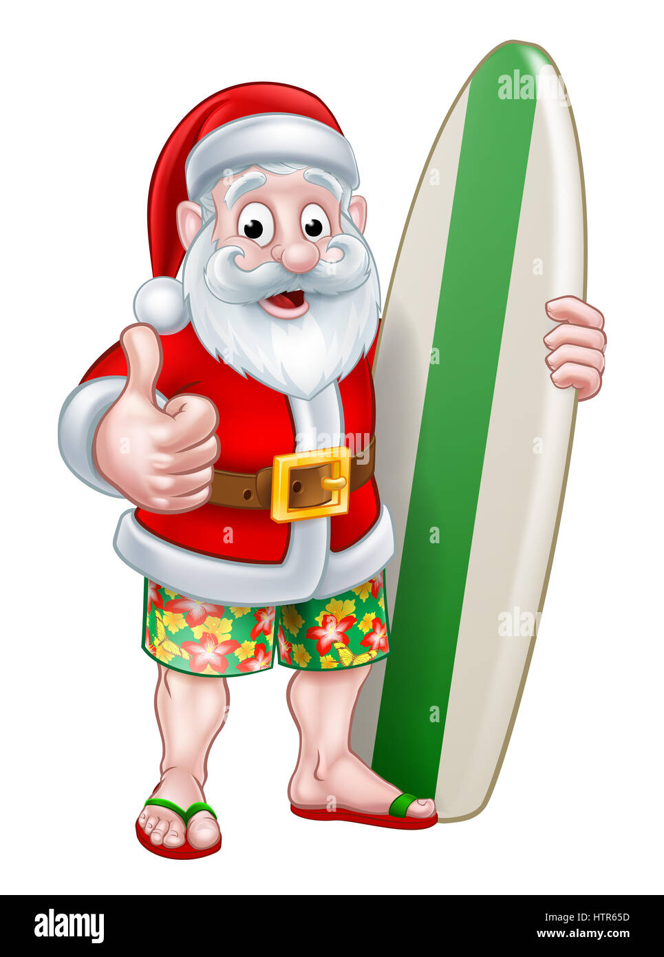 Père Noël, personnage tenant une planche de surf et de donner un coup de pouce à son bord short et sandales tongs flip flop Banque D'Images