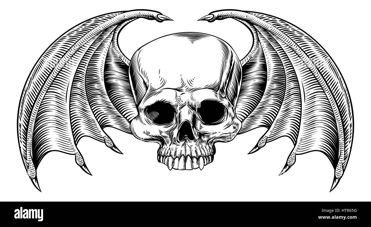 Un crâne et bat des ailes de dragon ou dessiné dans un vintage retro style gravé ou gravé sur bois Banque D'Images
