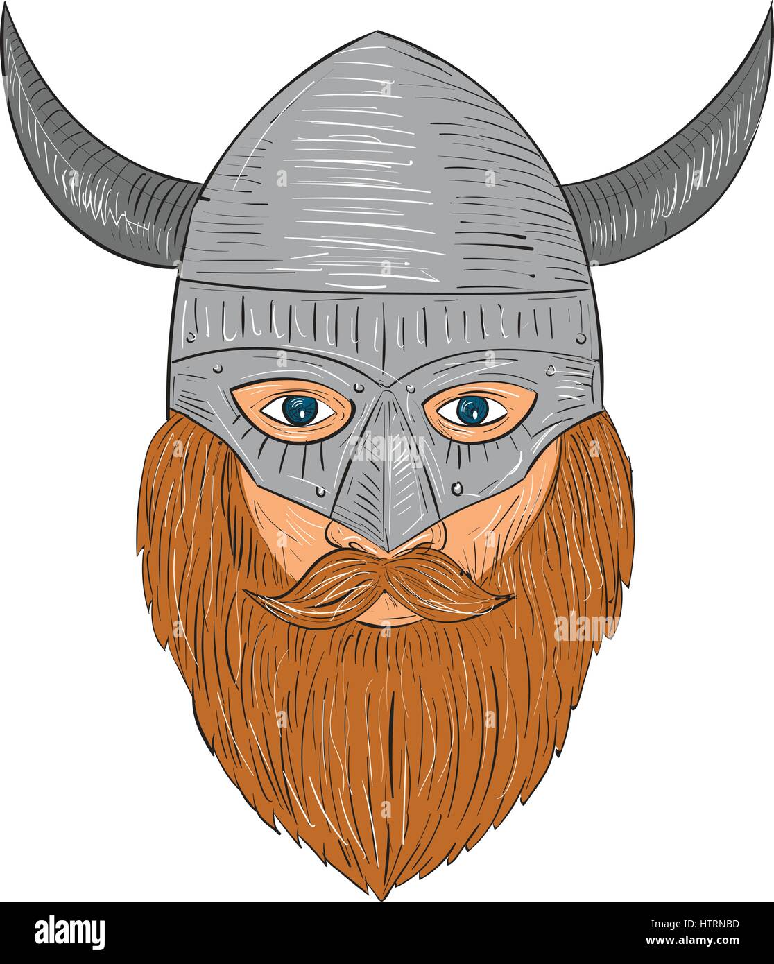 Style croquis dessin illustration d'un norseman guerrier viking raider chef barbare avec barbe portant un casque à cornes, vu de l'avant ensemble sur isoler Illustration de Vecteur
