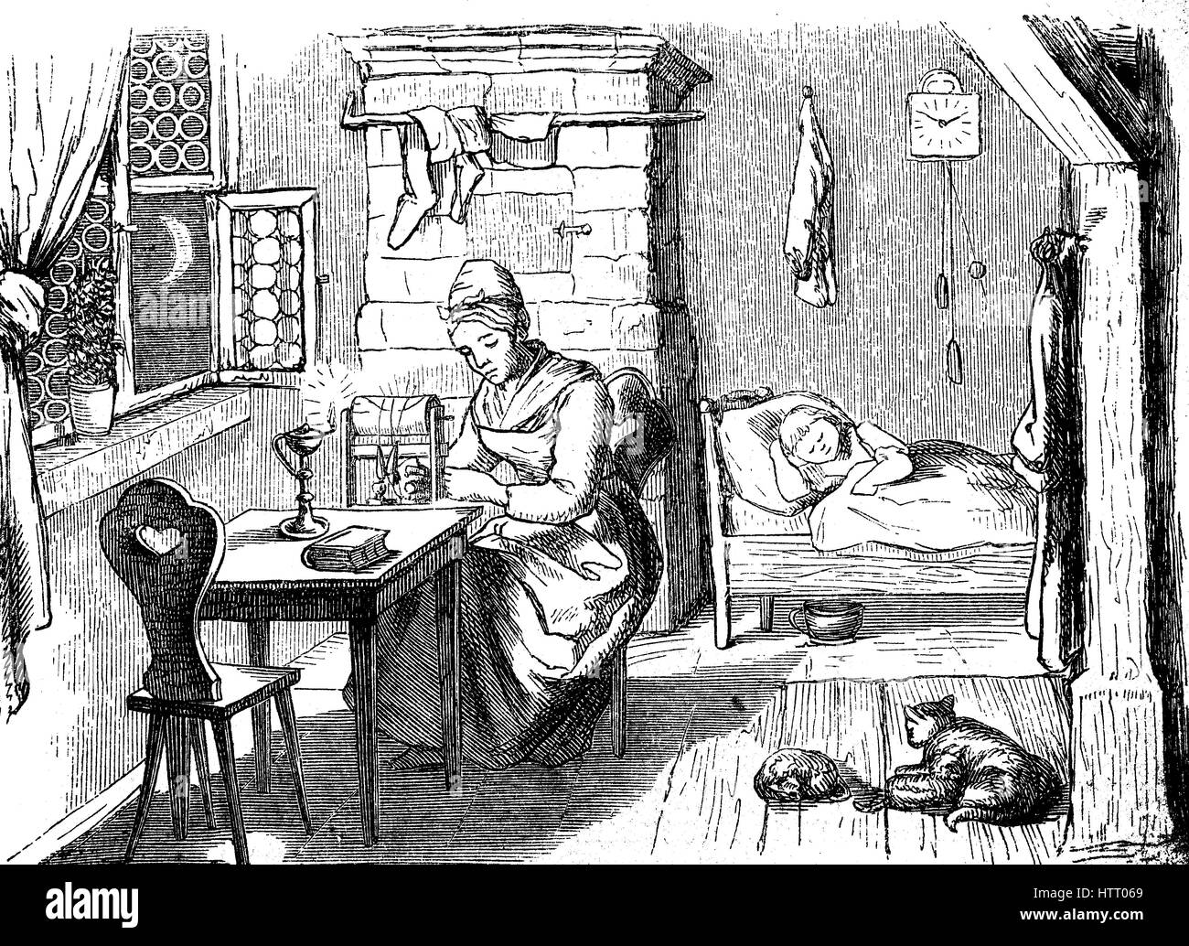 Femme la dentelle dans sa maison à les monts Métallifères, Saxe, Allemagne, reproduction d'une gravure sur bois à partir de l'année 1880, l'amélioration numérique Banque D'Images