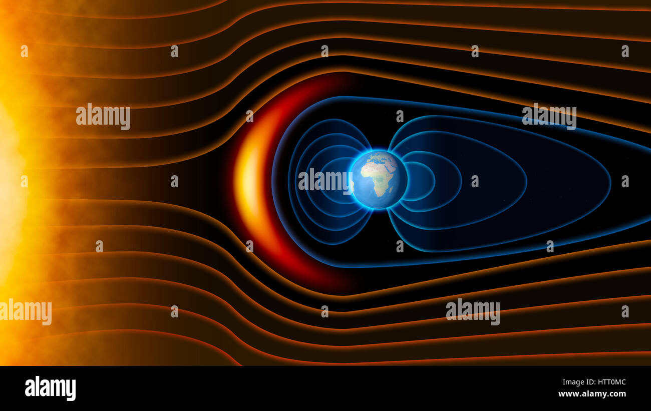 Champ magnétique de la terre, la terre, le vent solaire, le flux de particules. Soleil Banque D'Images