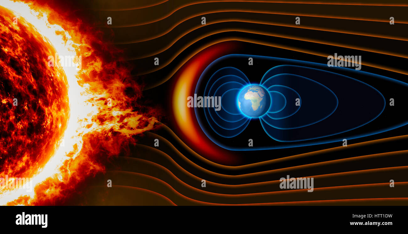 Champ magnétique de la terre, la terre, le vent solaire, le flux de particules. Soleil Banque D'Images