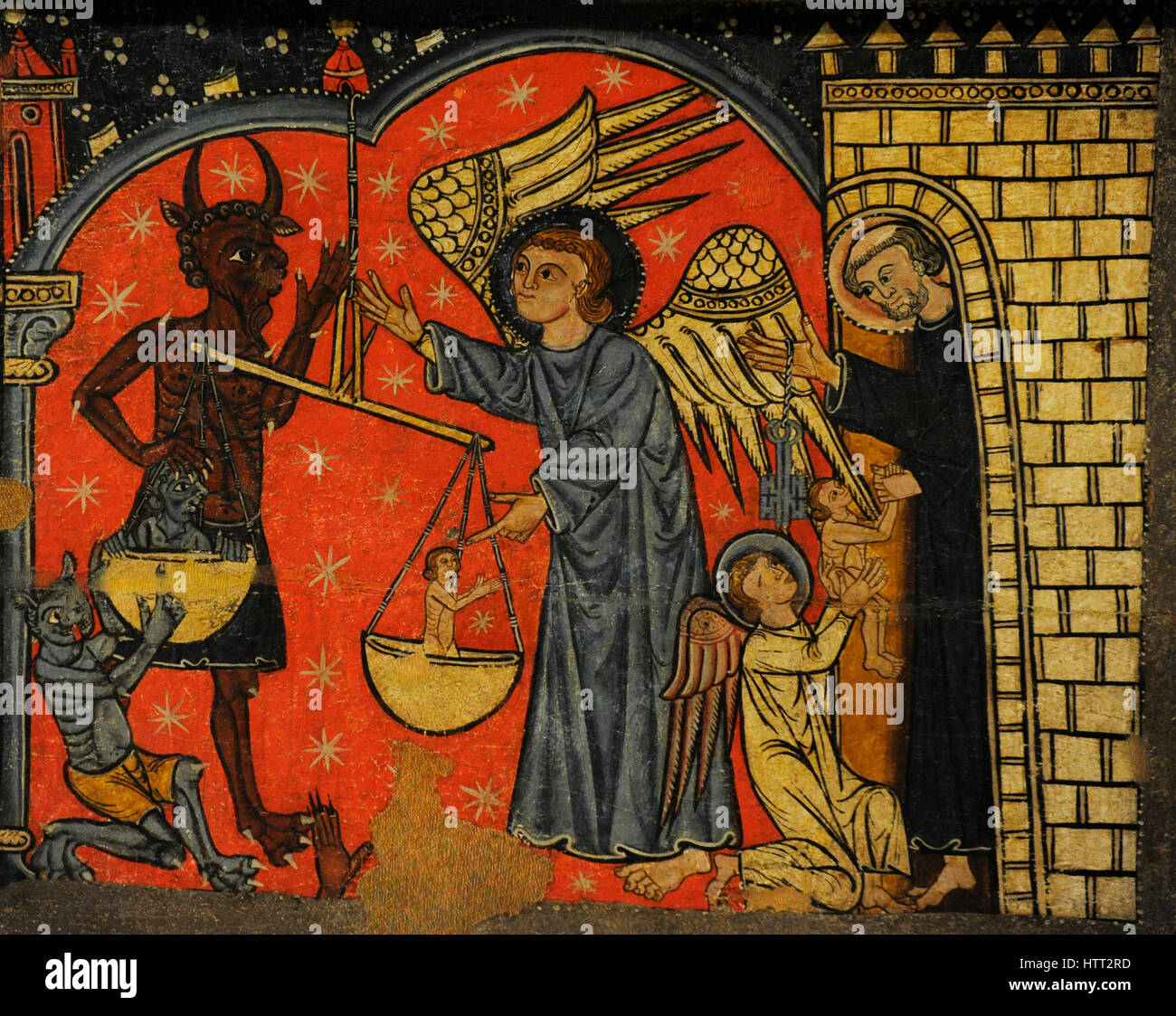 Maître de Soriguerola (actif fin du 13e siècle-début 14e siècle). Bord de Saint Michael. Détail représentant Saint Michel avec le diable pesant les âmes et un ange offrant l'âme d'un élu à Saint Pierre. Fin du 13e siècle. À partir de l'église paroissiale de Sant Miquel de Soriguerola (Fontanals de Cerdanya, Catalogne). Musée national d'Art de Catalogne. Barcelone. La Catalogne. L'Espagne. Banque D'Images