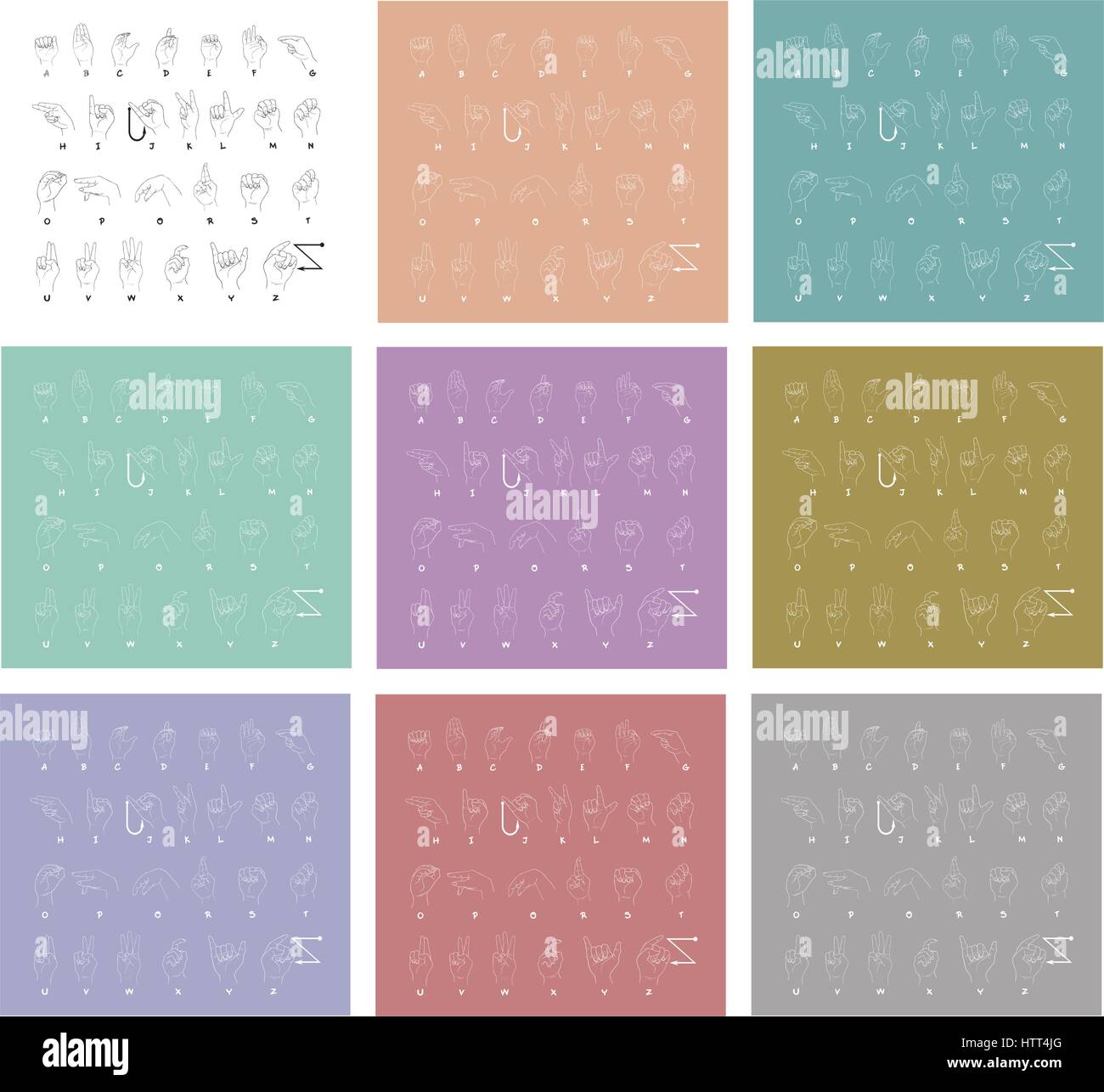 Jeu de croquis dessinés à la main, de l'épellation digitale l'alphabet en langue des signes américaine. Illustration de Vecteur