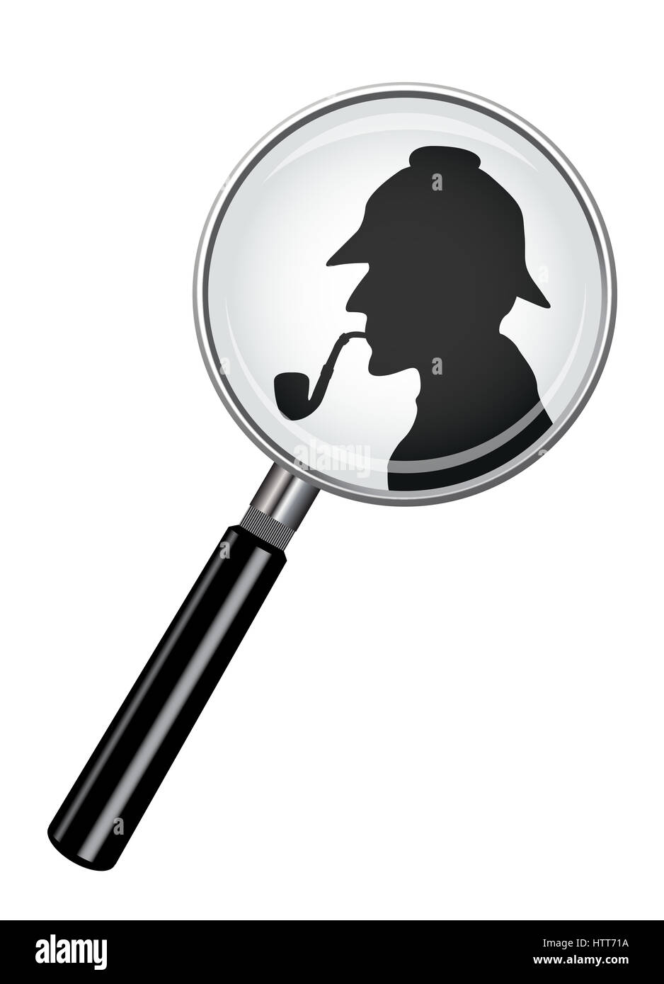 Une loupe réaliste design avec une silhouette de Sherlock Holmes isolé sur fond blanc Banque D'Images