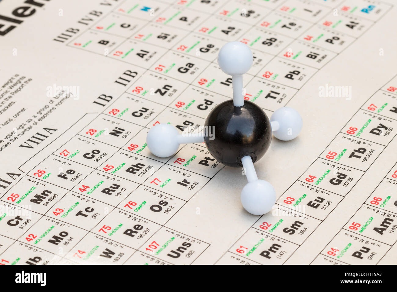 Ball-and-stick modèle de méthane (CH4) avec le tableau périodique des éléments sur l'arrière-plan. Banque D'Images