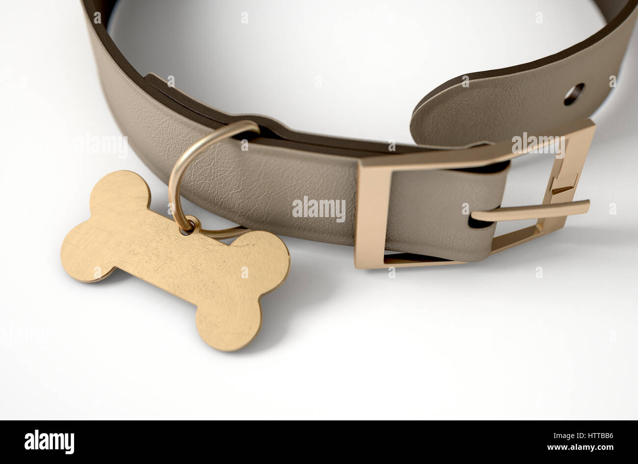 Un collier pour chien en cuir marron avec une étiquette d'identification en forme d'os en laiton isolé sur un fond blanc studio - 3D render Banque D'Images