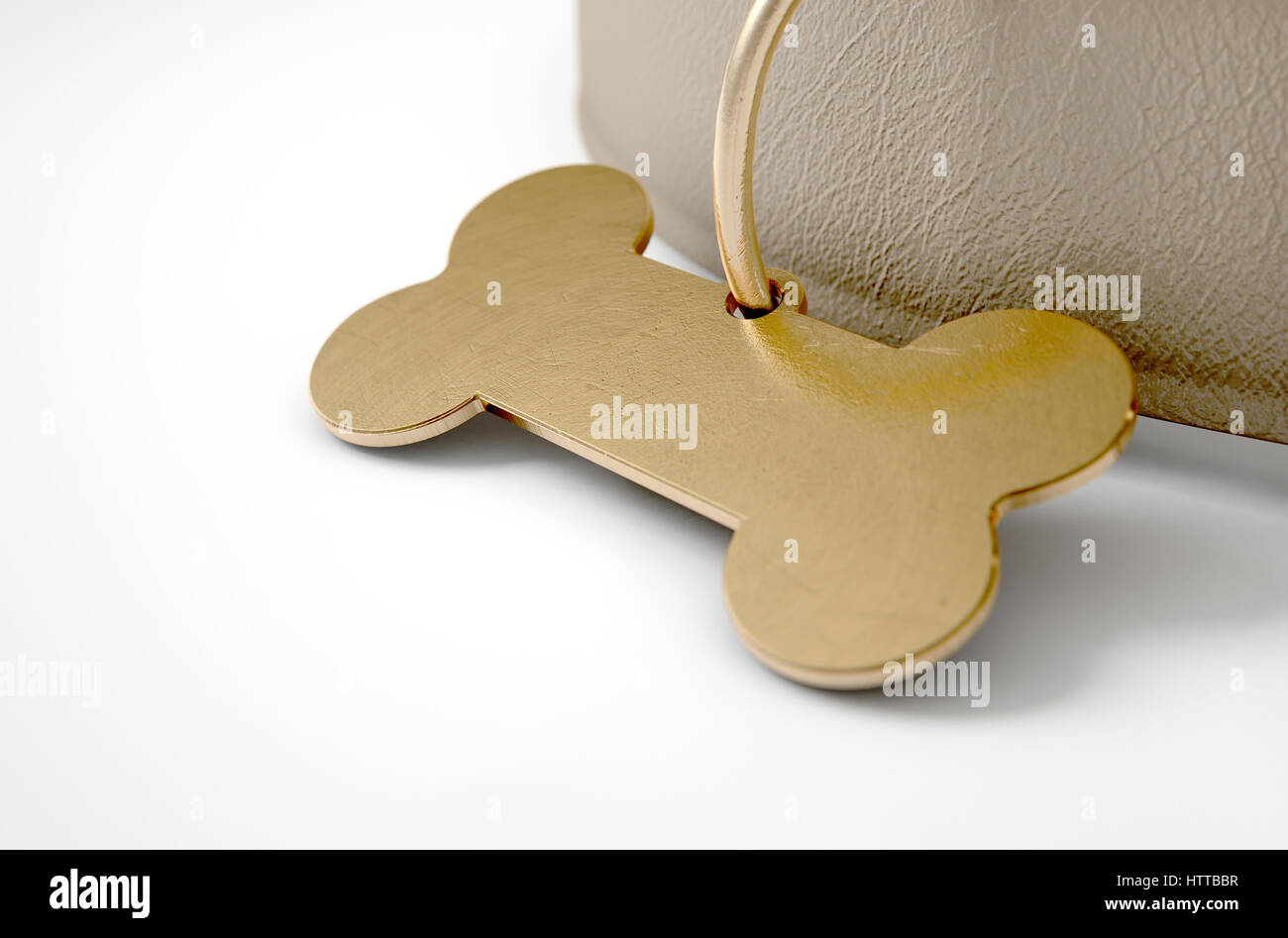 Un collier pour chien en cuir marron avec une étiquette d'identification en forme d'os en laiton isolé sur un fond blanc studio - 3D render Banque D'Images