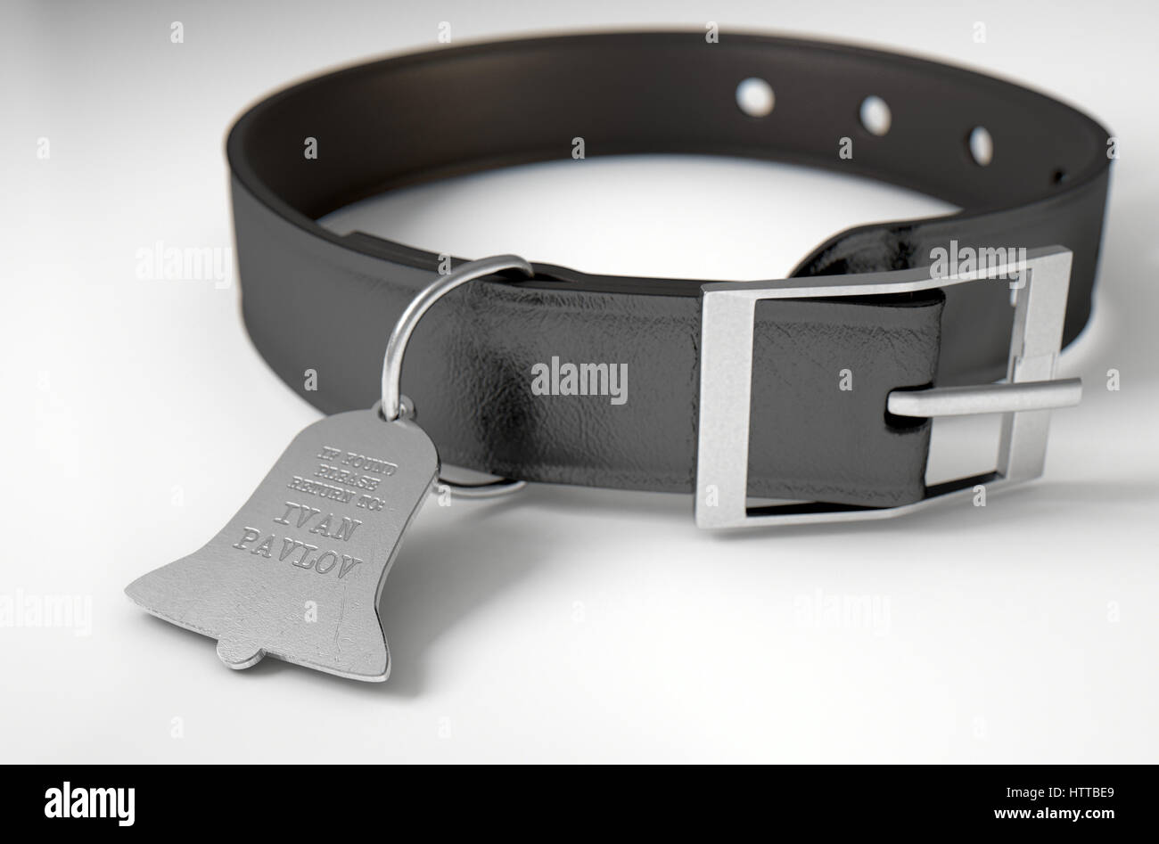 Un concept de conditionnement pavlovien illustrant une théorie de collier pour chien en cuir et une étiquette d'identification en forme de cloche de propriété à Ivan Pavlov - 3D r Banque D'Images