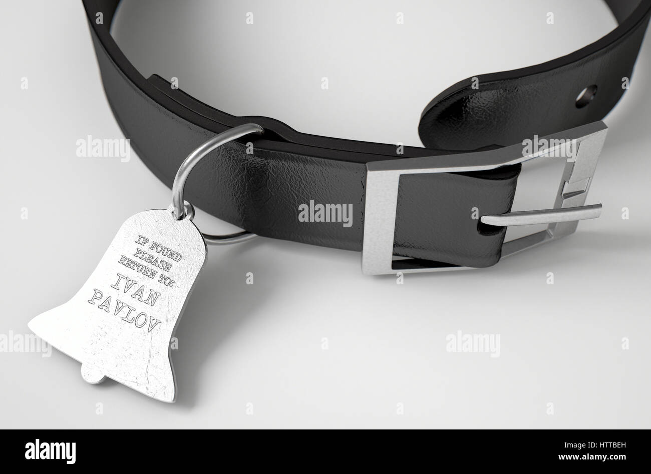 Un concept de conditionnement pavlovien illustrant une théorie de collier pour chien en cuir et une étiquette d'identification en forme de cloche de propriété à Ivan Pavlov - 3D r Banque D'Images