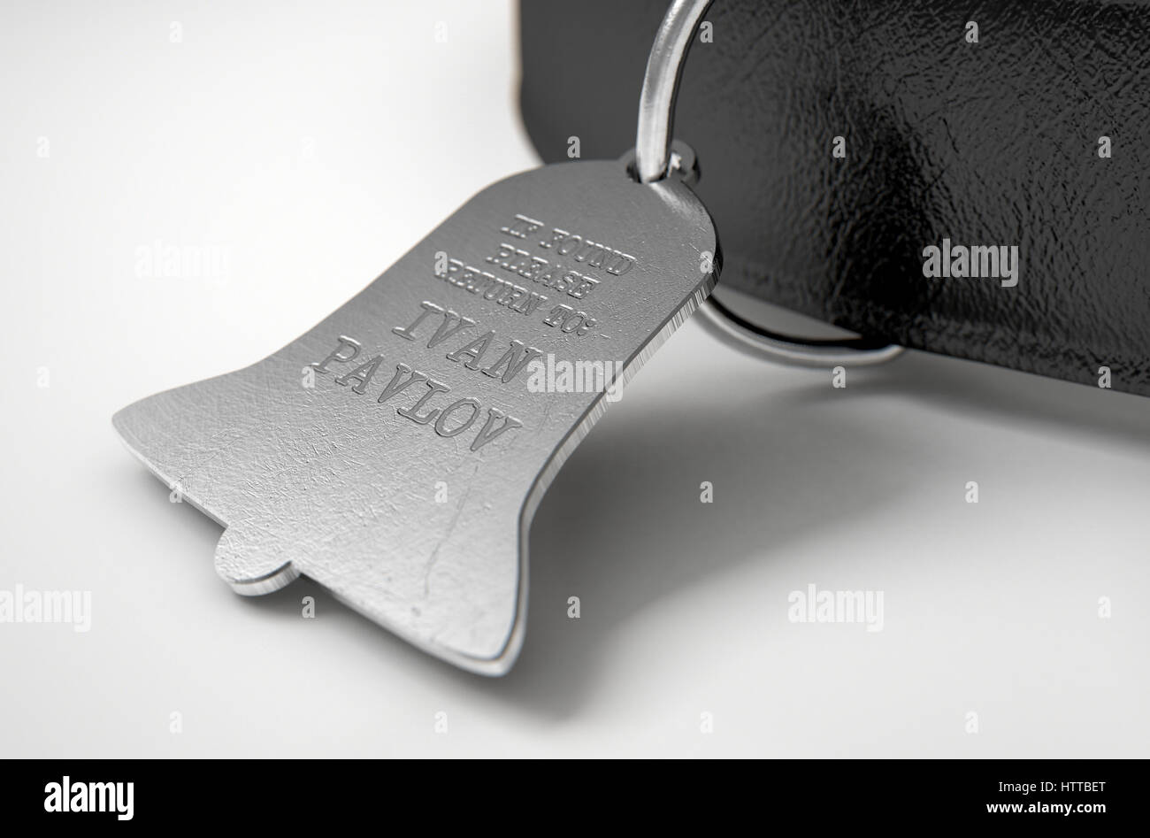 Un concept de conditionnement pavlovien illustrant une théorie de collier pour chien en cuir et une étiquette d'identification en forme de cloche de propriété à Ivan Pavlov - 3D r Banque D'Images