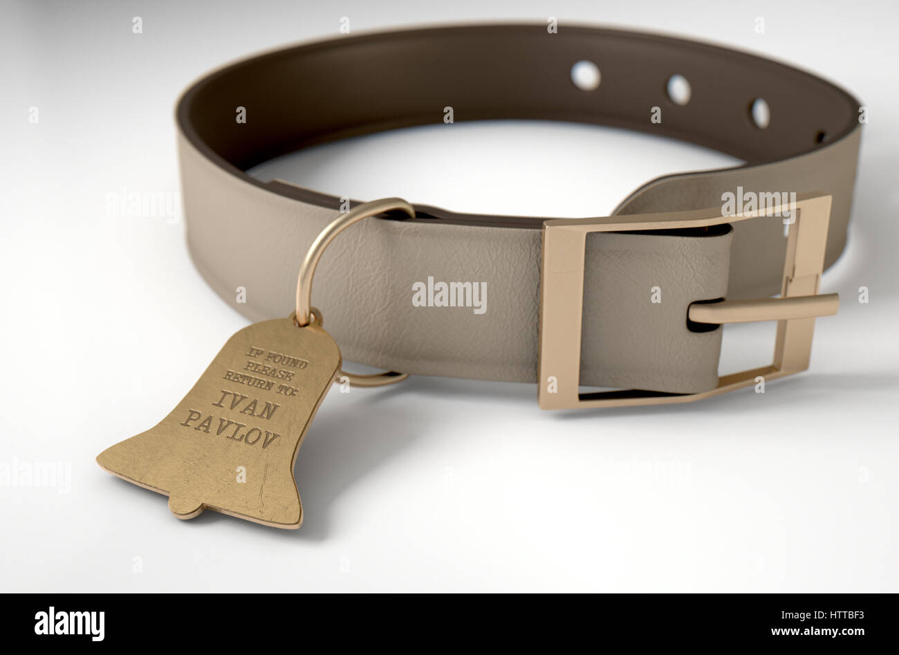 Un concept de conditionnement pavlovien illustrant une théorie de collier pour chien en cuir et une étiquette d'identification en forme de cloche de propriété à Ivan Pavlov - 3D r Banque D'Images