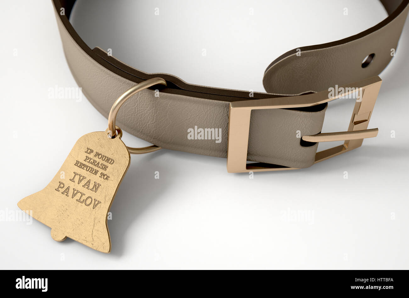 Un concept de conditionnement pavlovien illustrant une théorie de collier pour chien en cuir et une étiquette d'identification en forme de cloche de propriété à Ivan Pavlov - 3D r Banque D'Images