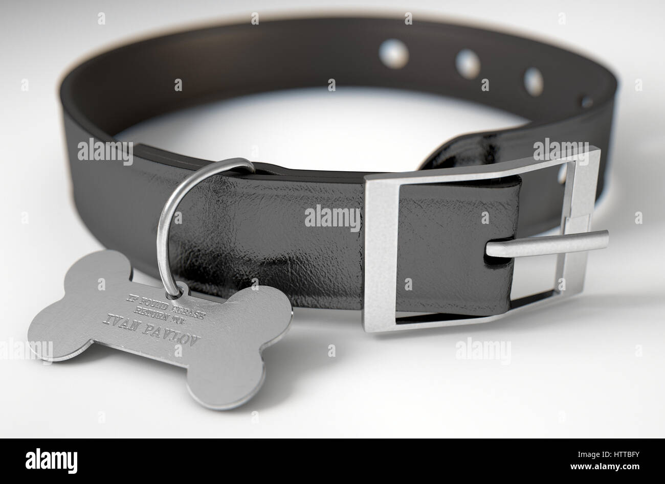 Un concept de conditionnement pavlovien illustrant une théorie de collier pour chien en cuir et une étiquette d'identification en forme d'os montrant la propriété à Ivan Pavlov - 3D r Banque D'Images