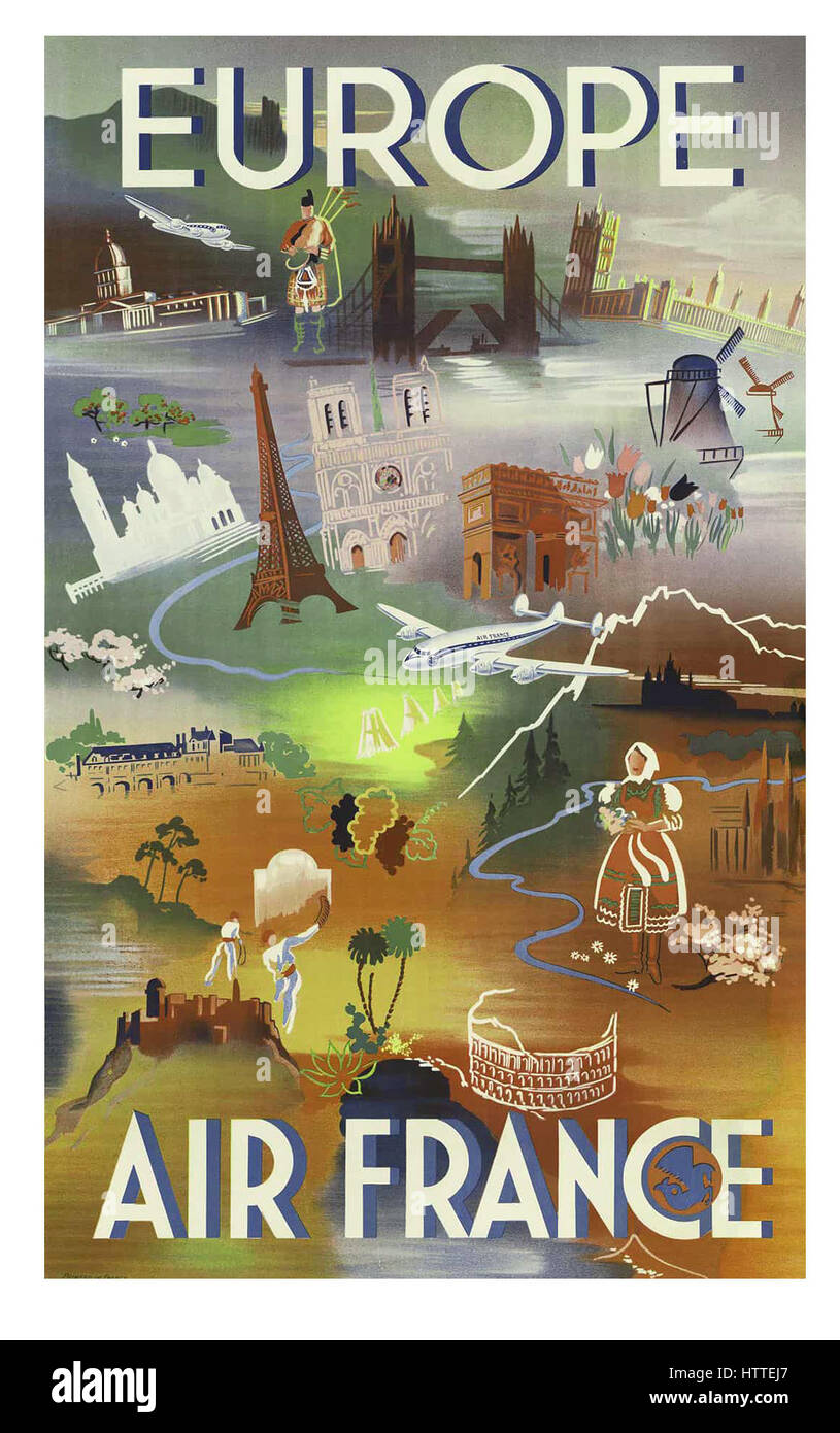 1948 Voyage rétro poster pour Air France avec montage couleur Europe. Affiche représente la beauté de l'Europe de nombreuses attractions dont la Tour Eiffel à Paris & Tower Bridge Londres Banque D'Images