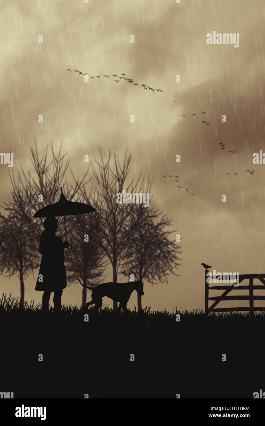Silhouette de femme promener son chien sous la pluie Photo Stock Alamy