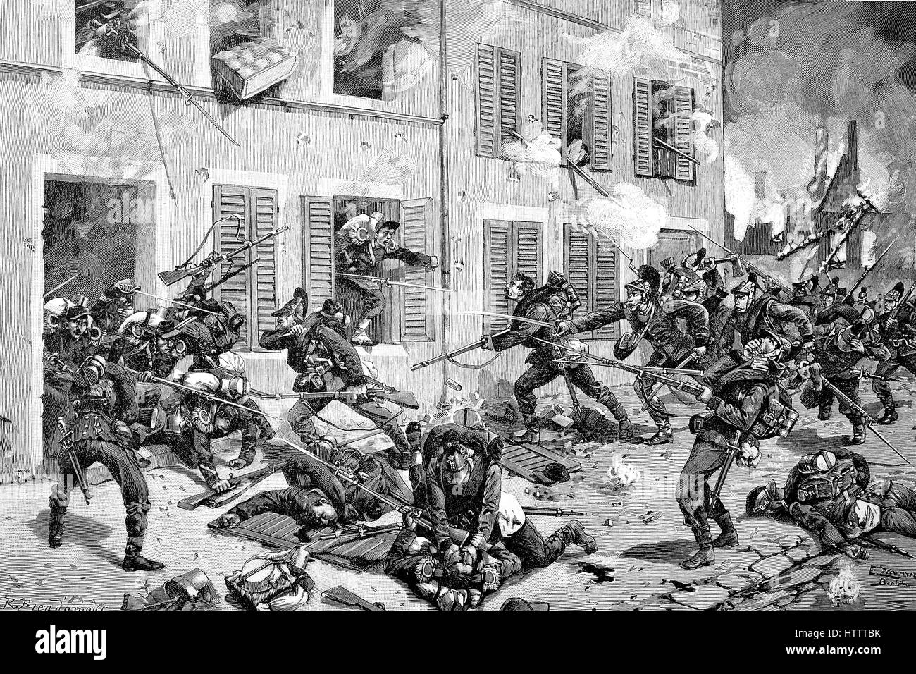 Bataille de rue à Bazeilles, la bataille fut une bataille importante de la bataille de Sedan lors de la guerre de 1870 - 1871, la reproduction d'une gravure sur bois à partir de 1882, l'amélioration numérique Banque D'Images
