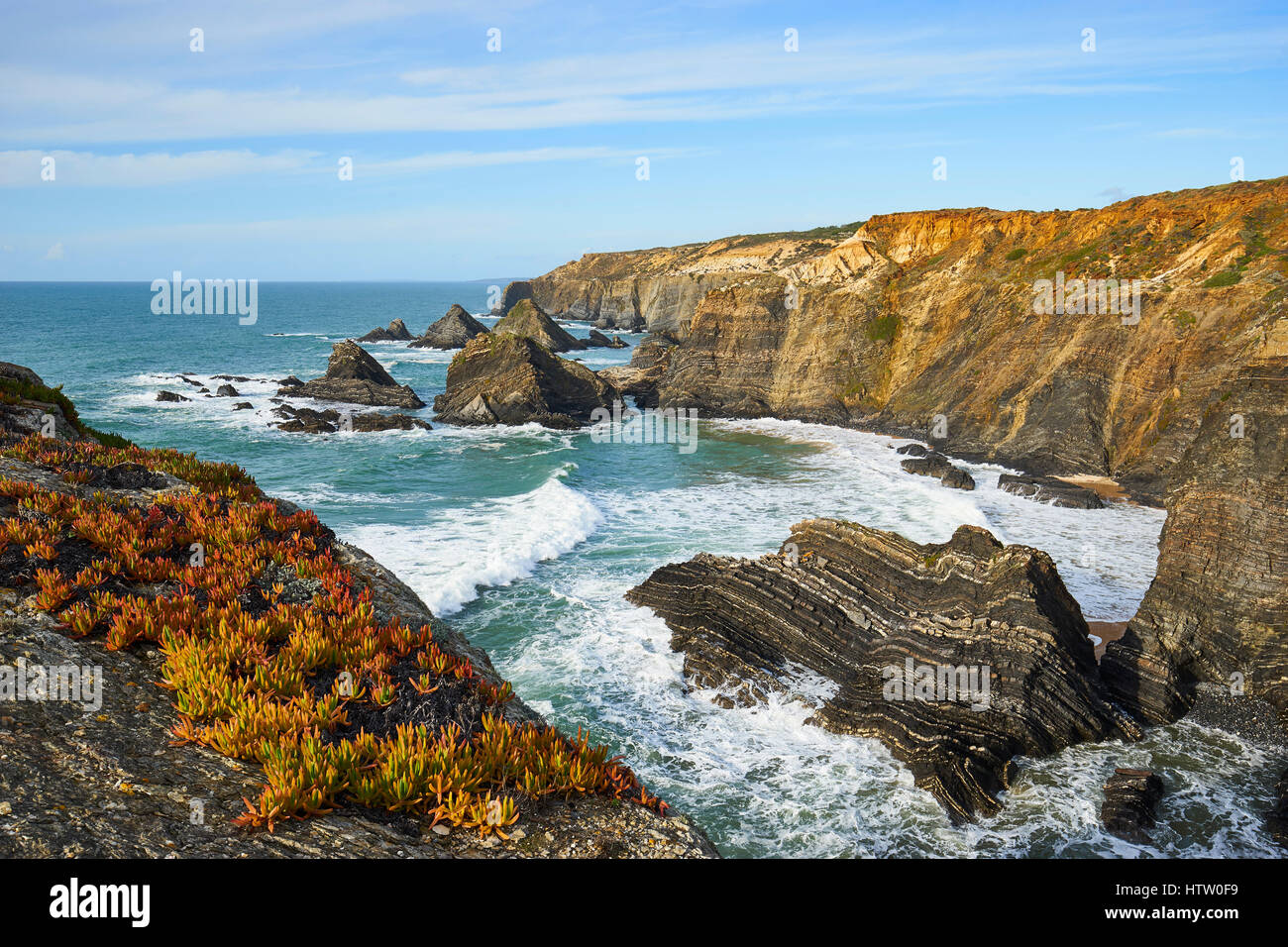 Clifftop paysage côtier près de Cavaleiro, Alentejo, Portugal Banque D'Images