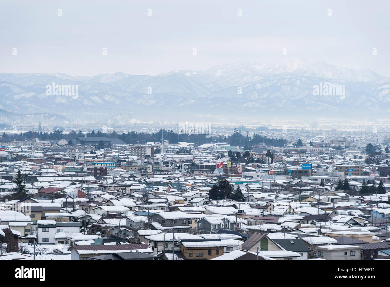 Vue générale de la ville de Aizuwakamatsu, vue de Mt.Iimori, Aizuwakamatsu City, préfecture de Fukushima, Japon Banque D'Images