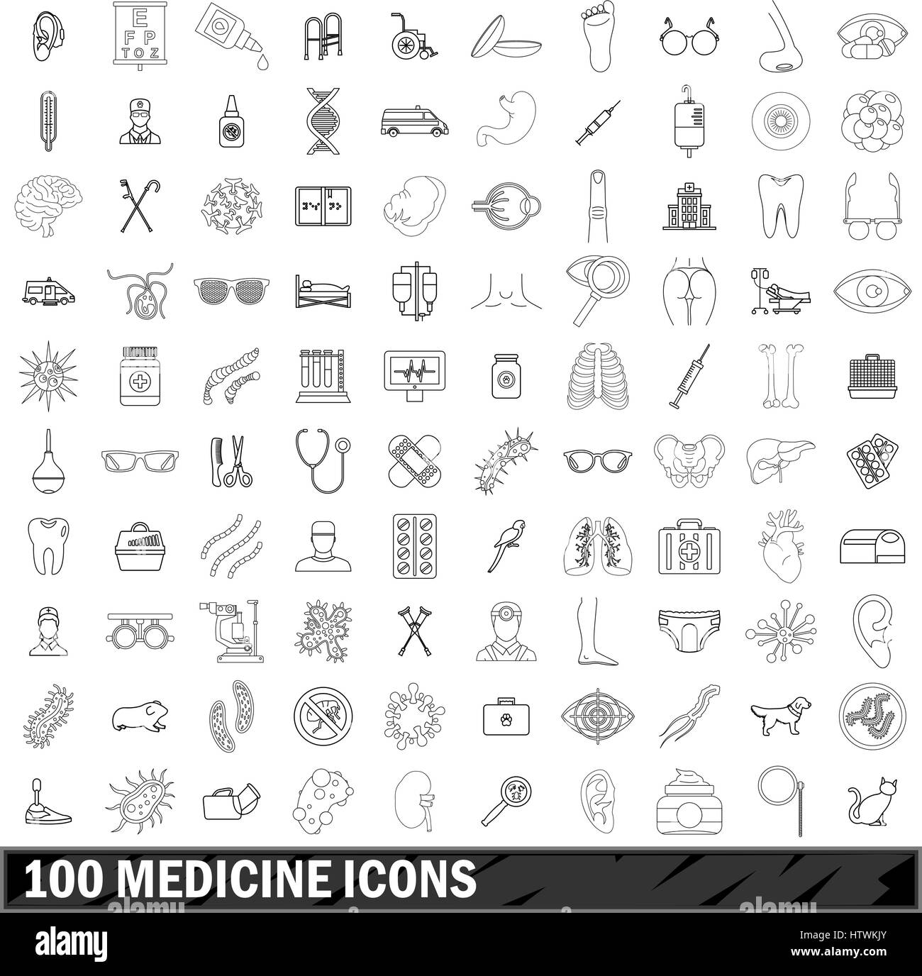 Médecine 100 icons set style du contour, Illustration de Vecteur
