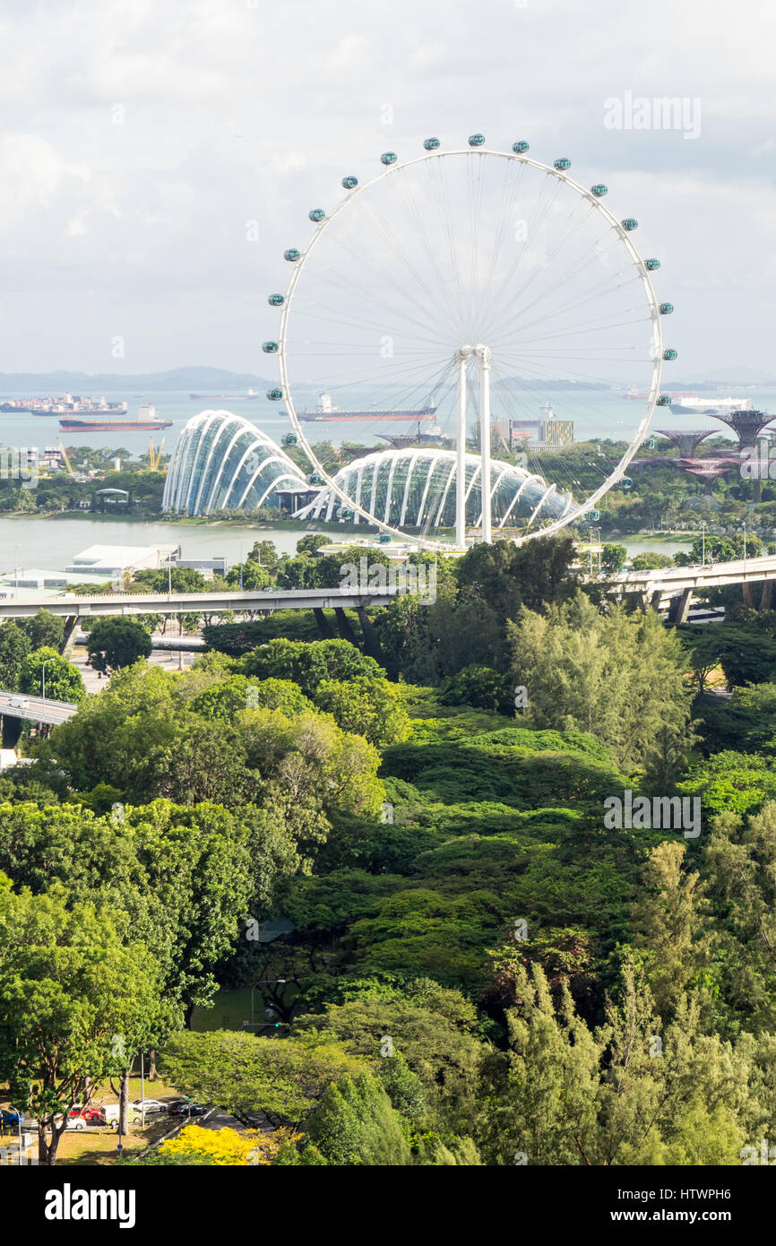 Le Singapore Flyer, une grande roue, à côté de jardins au bord de la baie, la Marina Sands, à Singapour. Banque D'Images