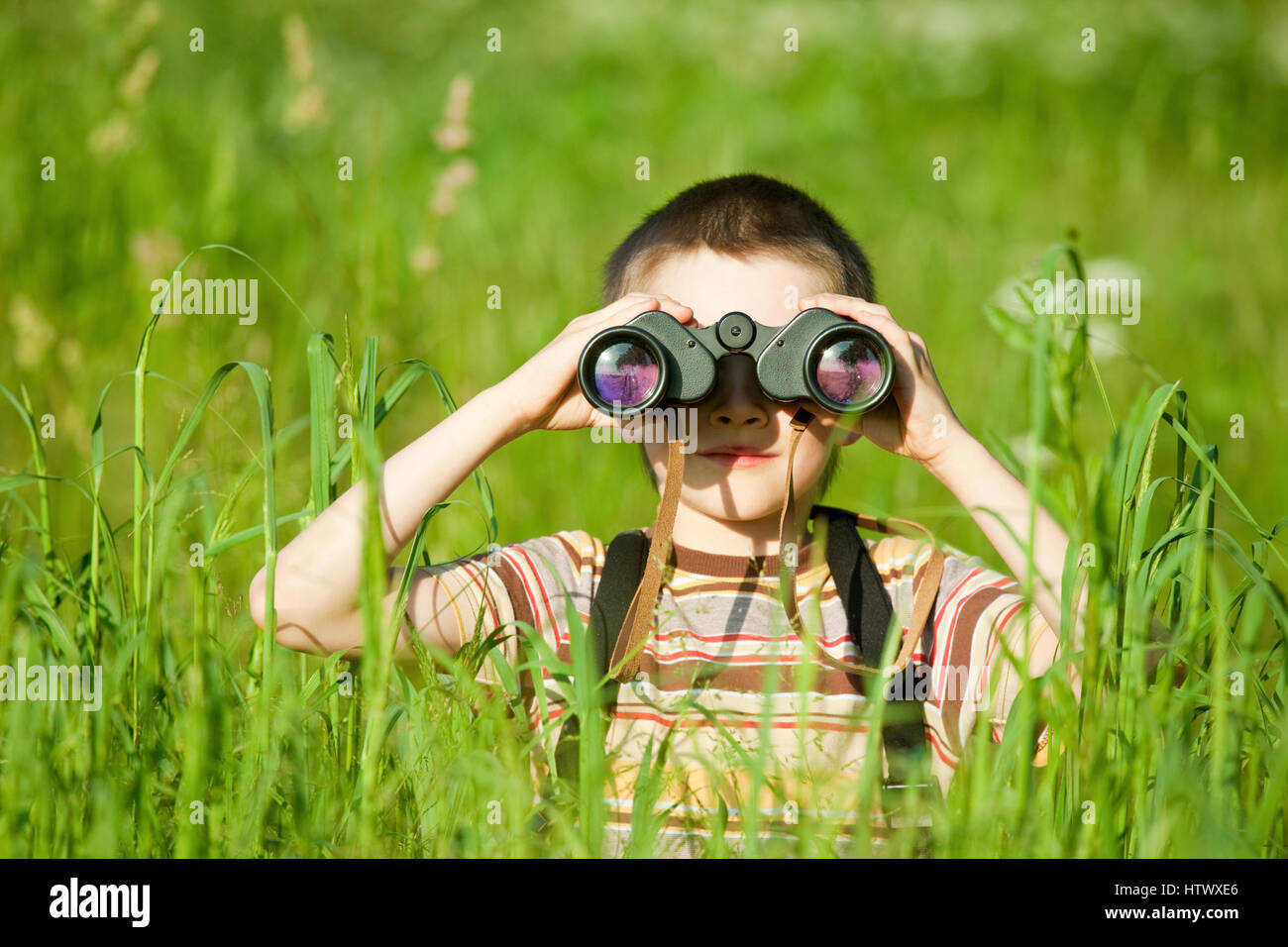 Jeune garçon dans un champ binoculars Banque D'Images