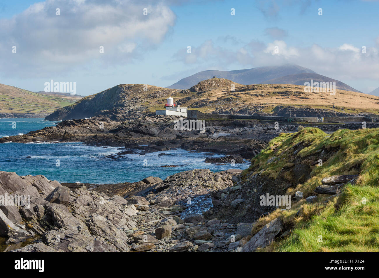 Phare de l'île de Valentia, au point sur l'île de Valentia Cromwell, comté de Kerry, Irlande. Banque D'Images