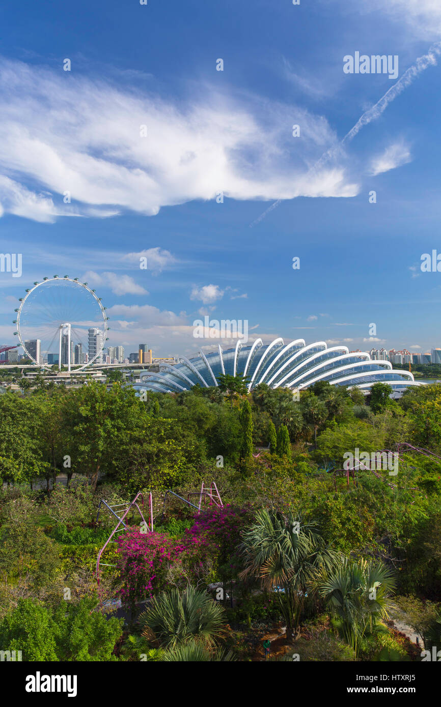 Singapore Flyer et serre de jardins au bord de la bay, Singapour Banque D'Images