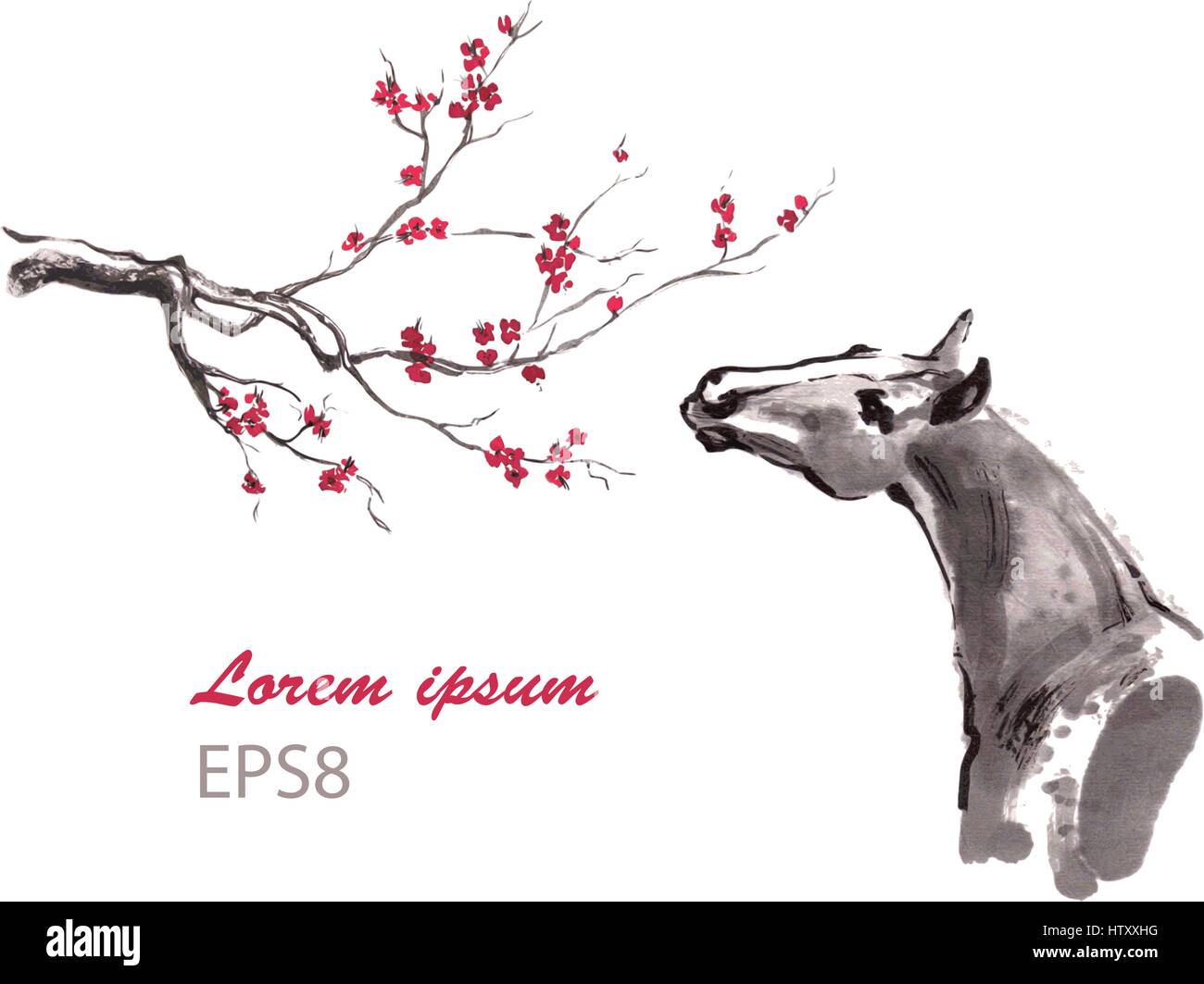 Vector illustration d'un cheval et une branche de fleur de cerisier. Oriental fait main peinture d'encre. Conception de carte de vœux. Illustration de Vecteur